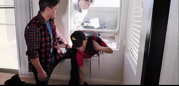  Asian Pizza delivery teen tricked into threesome sex by two customers Jay Romero and Rion King!